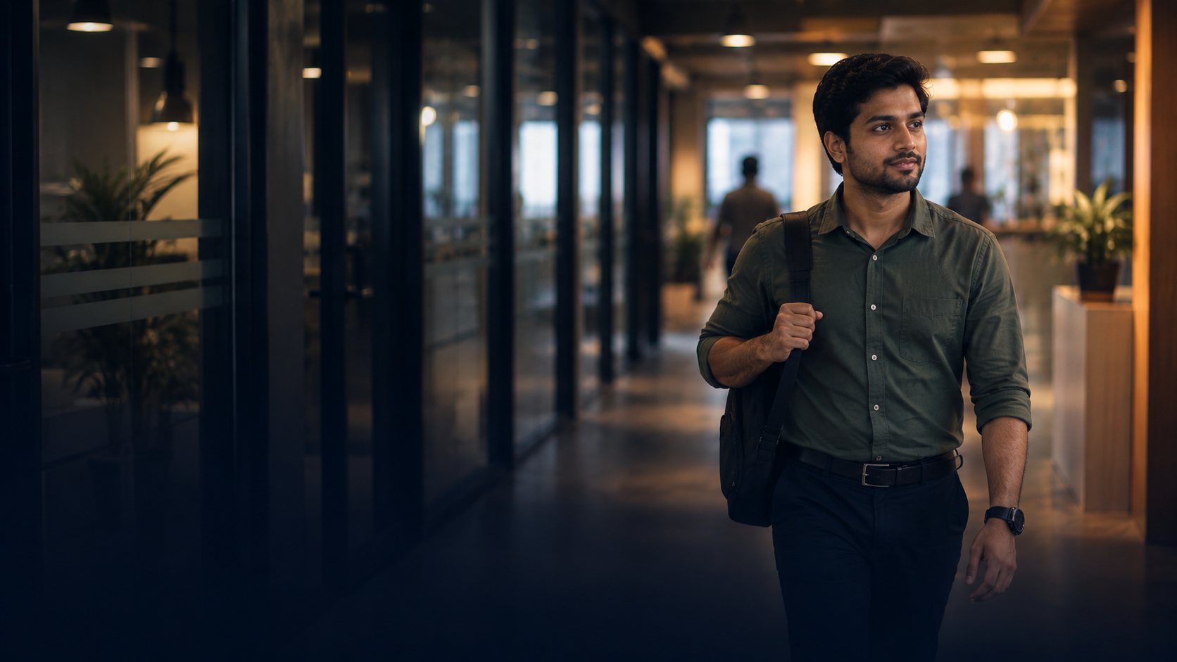 A candidate walking into an office for an interview